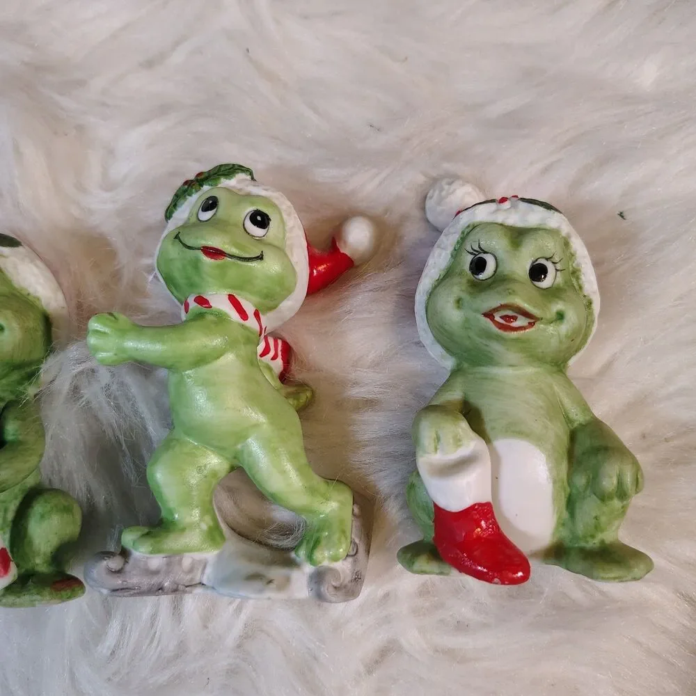 Lefton Japan Christmas Candy Cane Stocking VTG Frog Figurine X4 Set